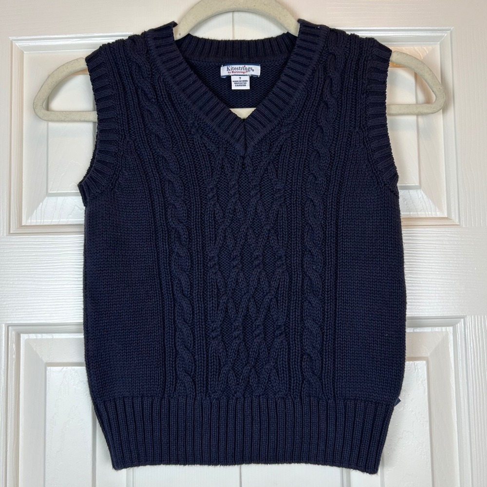 Kitestrings by Hartstrings Boys Navy Blue Cable Knit Cotton Sweater Vest Size 7